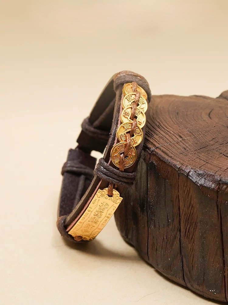 Five Emperor Coins Power Woven Leather Bracelet