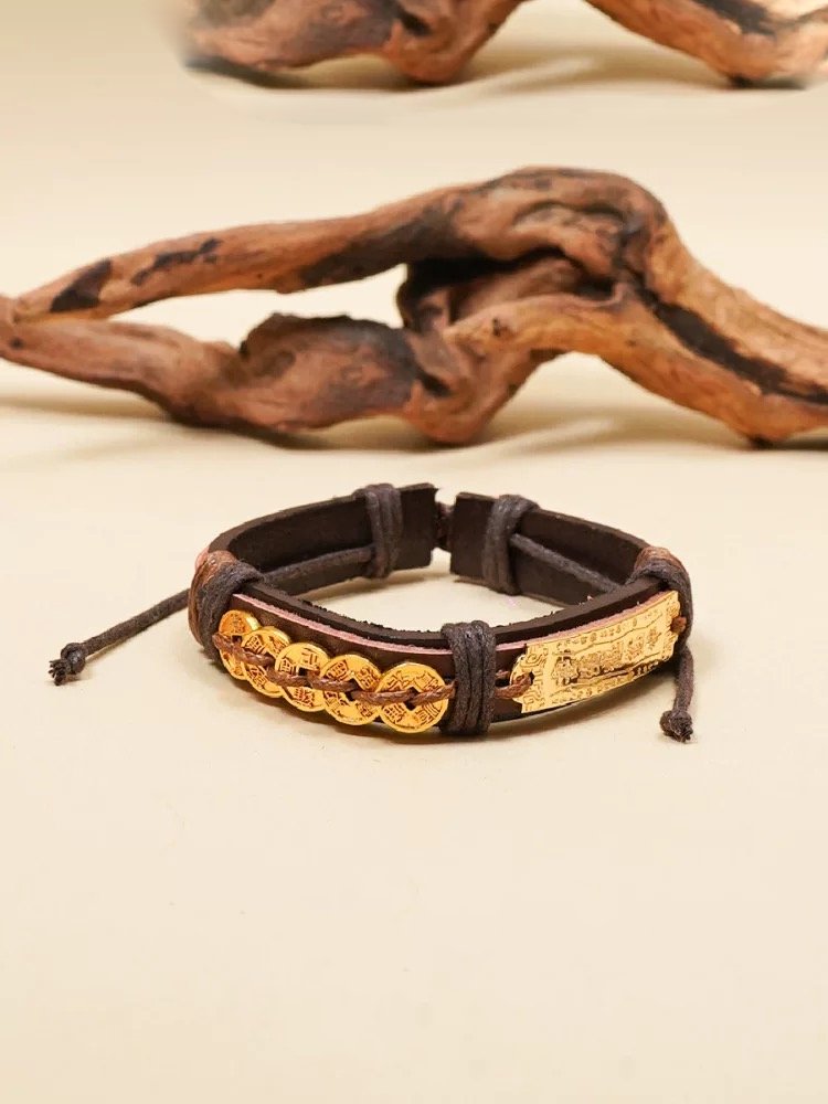 Five Emperor Coins Power Woven Leather Bracelet
